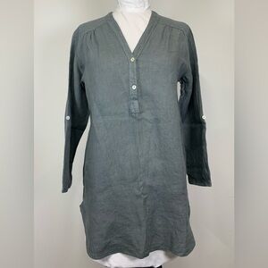 Rosemarine 100% Linen V-Neck Tunic Top Charcoal Grey Roll Tab Sleeve